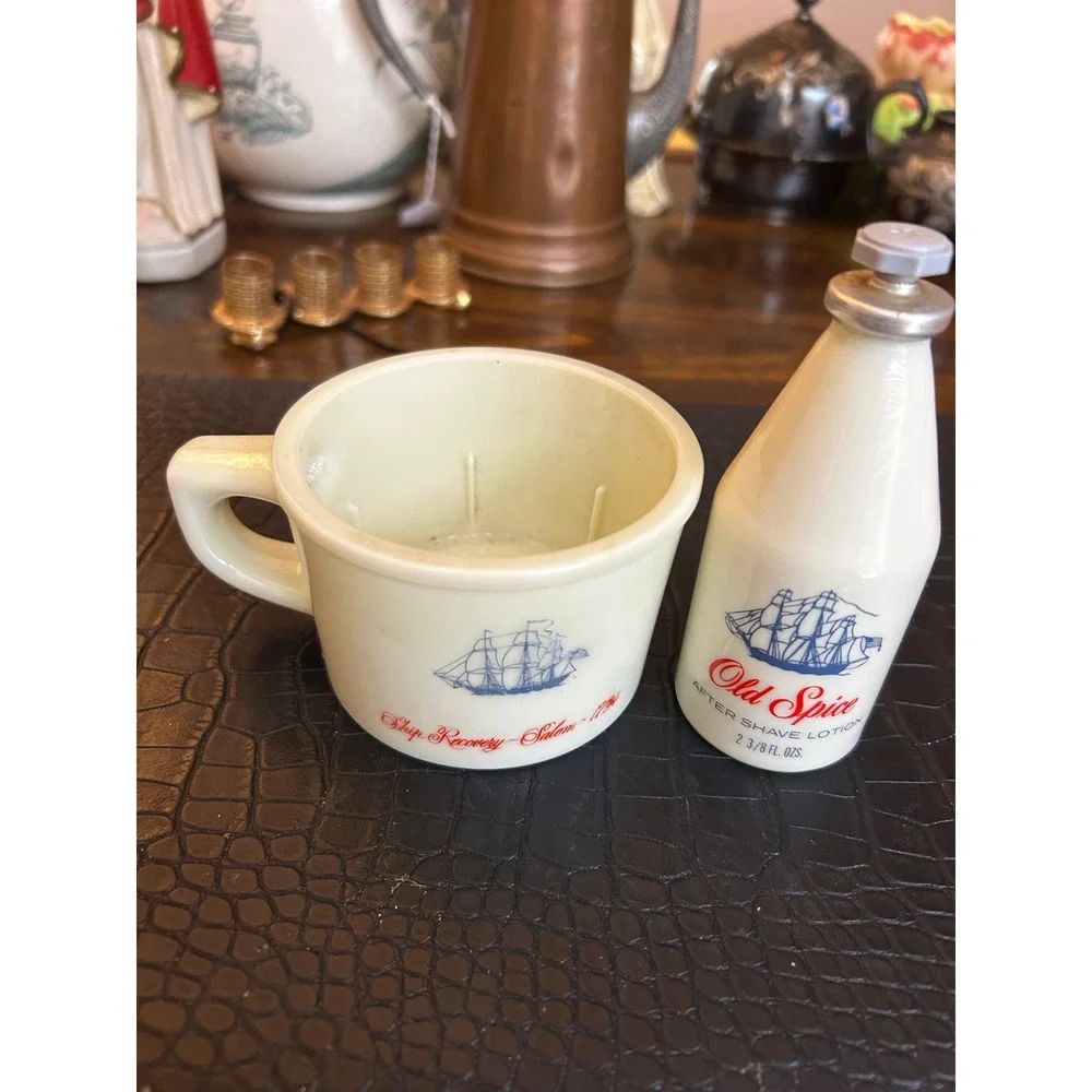 Vintage Old Spice Milk Glass Shaving Mug Ship Recovery Salem 1794 & Bottle Set